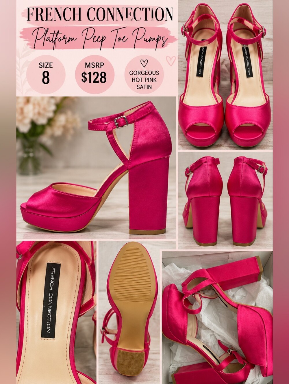 French Connection Hot Pink Satin Platform Peep Toe Heels NWOB